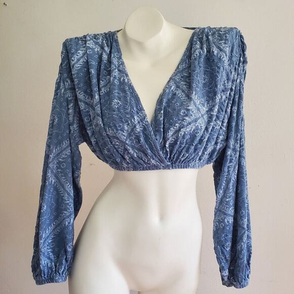 Urban Outfitters Surplus Knit Crop Top Geometric Long Balloon Sleeve Boho Hippie - Picture 1 of 12